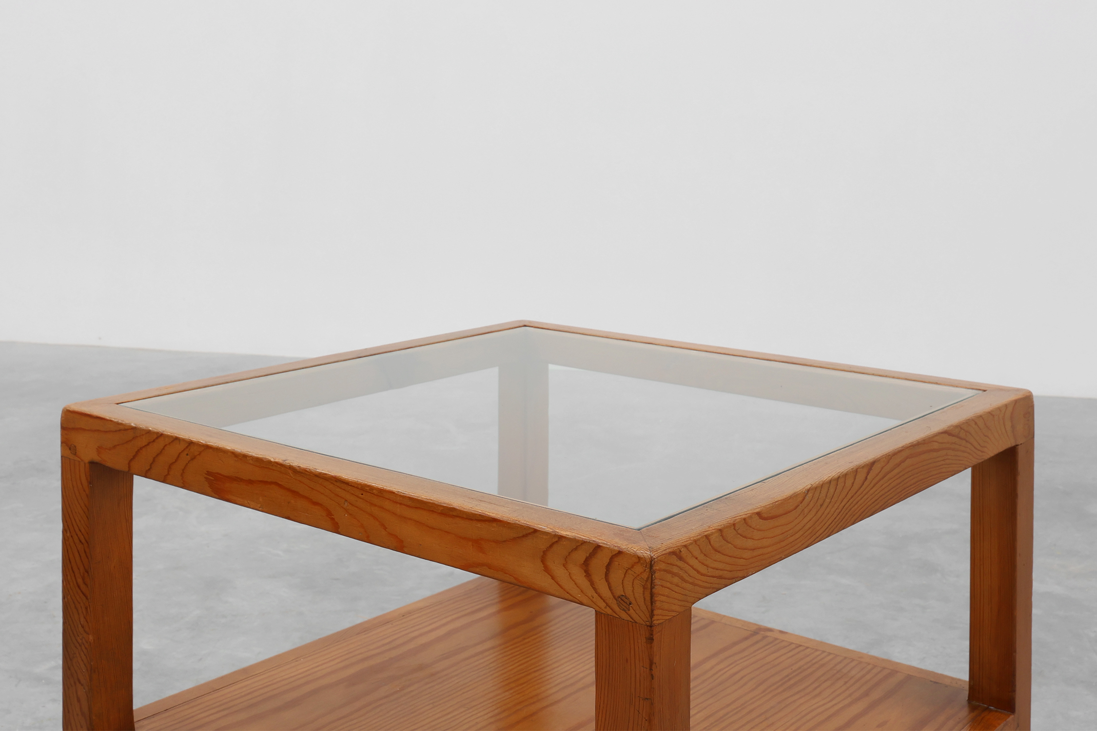 Pair geographical designed square Biosca coffee tables in pine wood, Spain 1960sthumbnail